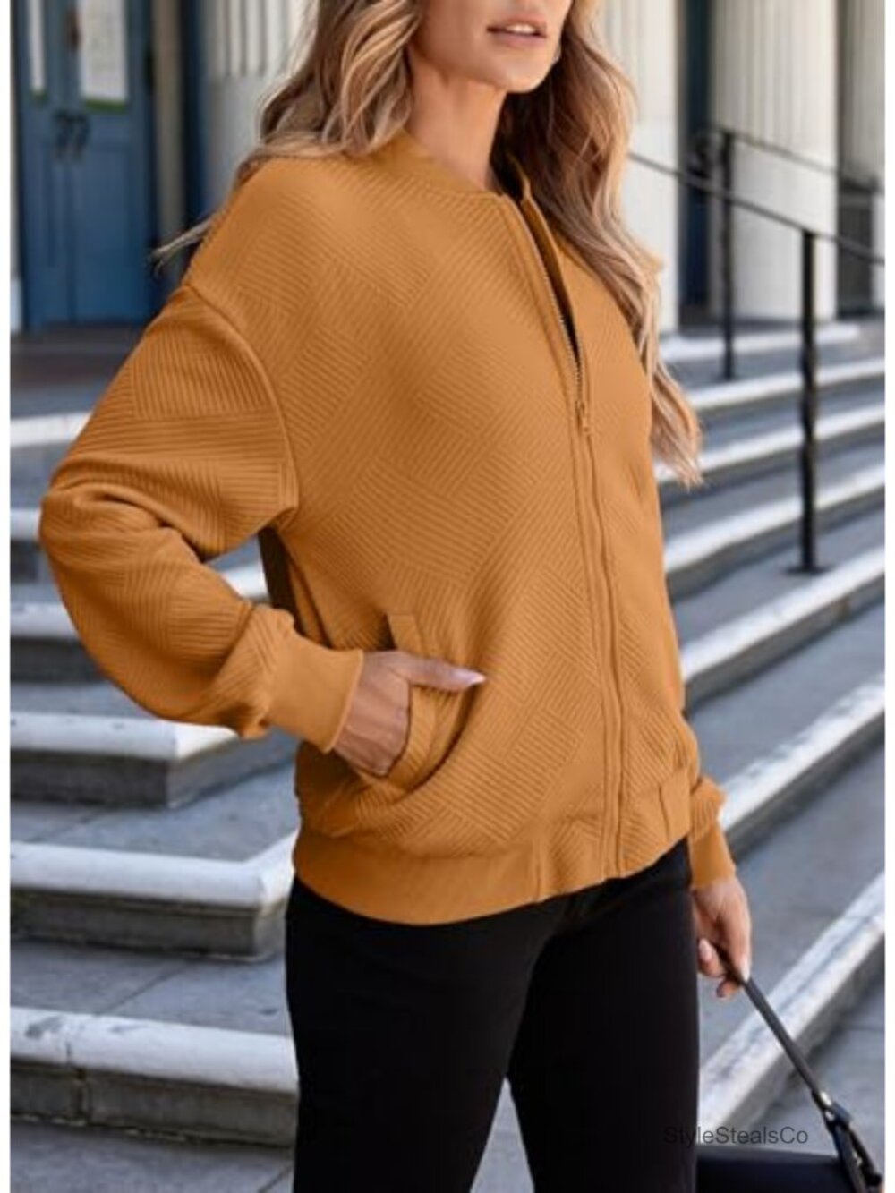 Women's Lightweight Bomber Jacket Casual Zip Up Coat with Slant Pockets - Picture 3 of 6